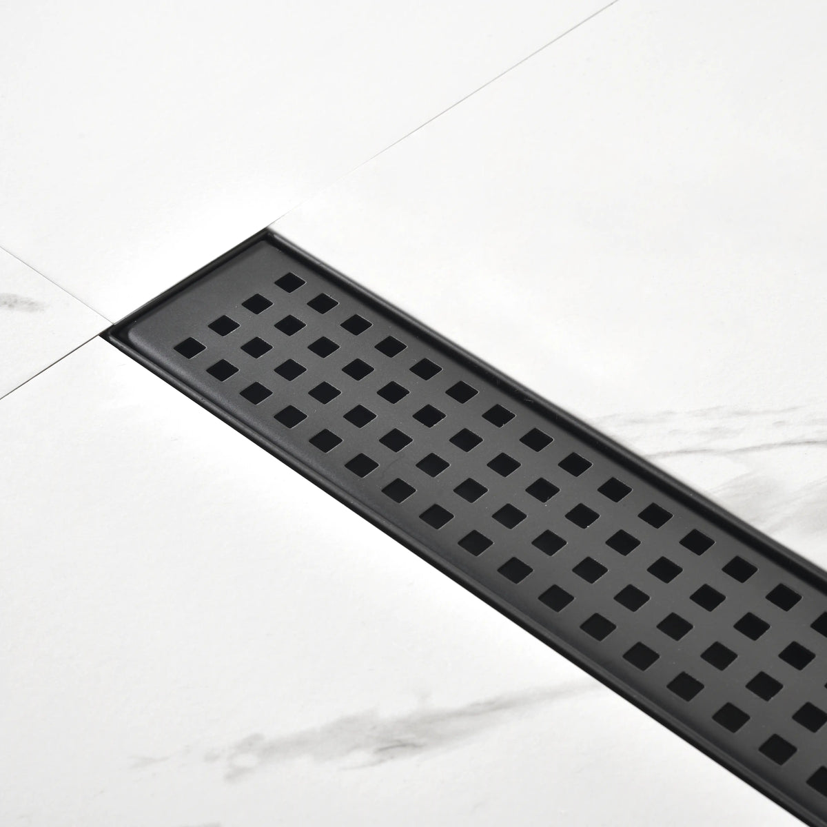 28-Inch Linear Shower Drain in 304 Stainless Steel with Removable Patterned Grate Hair Strainer and Leveling Feet