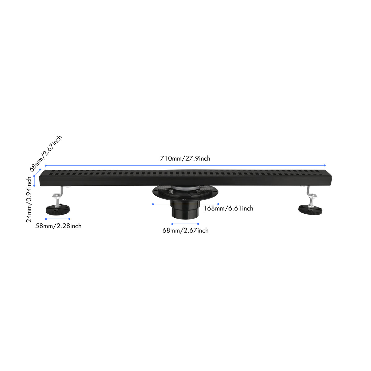 28-Inch Linear Shower Drain in 304 Stainless Steel with Removable Patterned Grate Hair Strainer and Leveling Feet