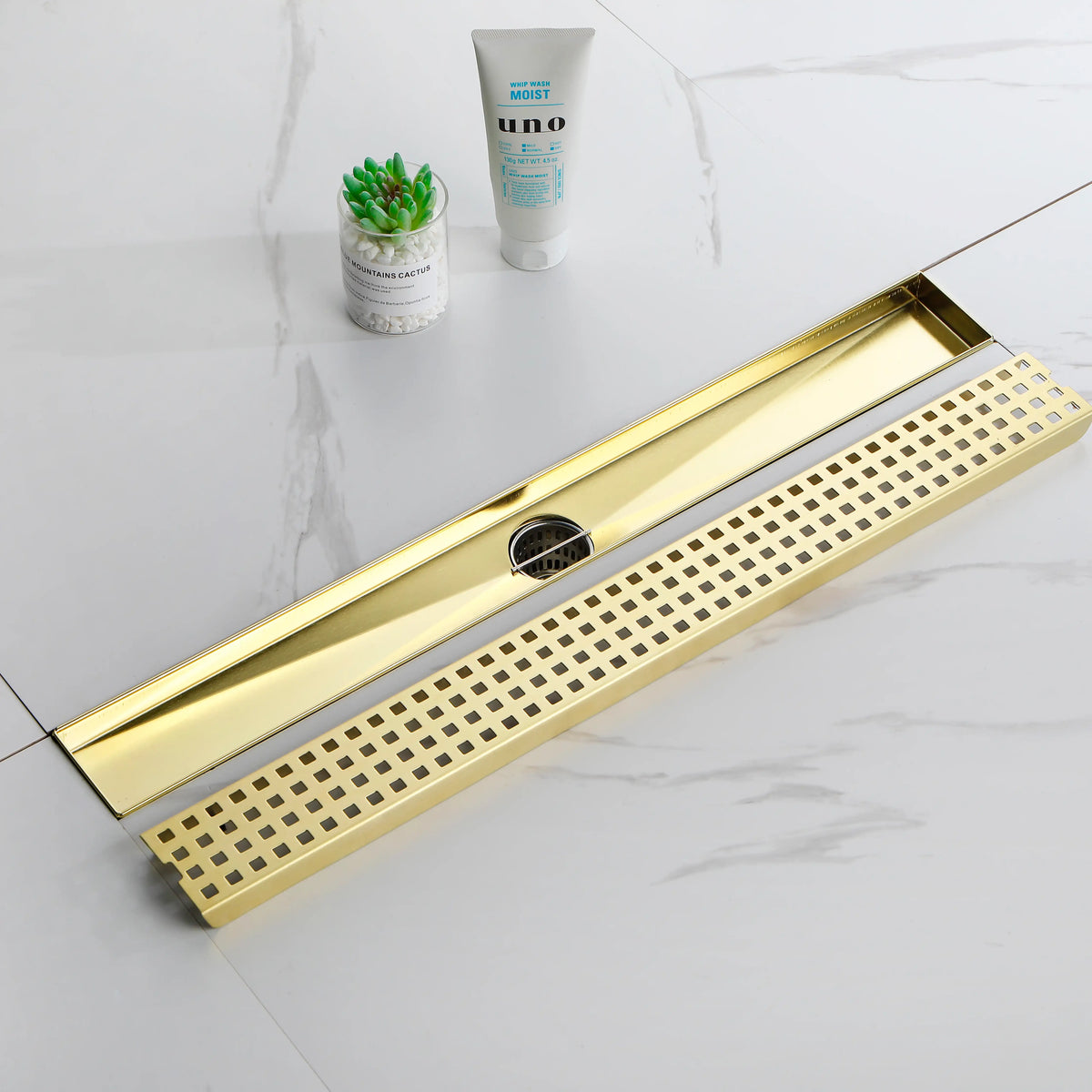 24 Inch Linear Shower Drain in 304 Stainless Steel with Removable Patterned Grate Hair Strainer and Leveling Feet