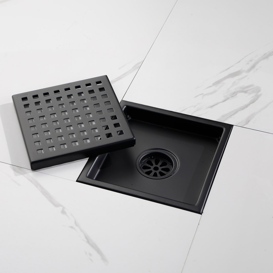 6-Inch Square Shower Drain with Flange and Removable Pattern Grate in SUS 304 Stainless Steel
