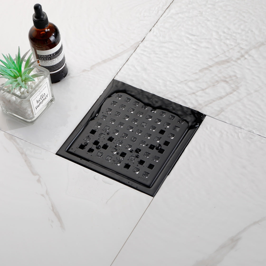 6-Inch Square Shower Drain with Flange and Removable Pattern Grate in SUS 304 Stainless Steel