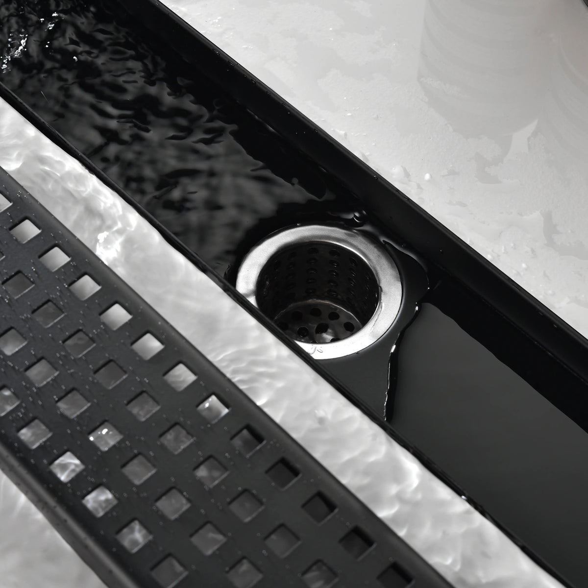 28-Inch Linear Shower Drain in 304 Stainless Steel with Removable Patterned Grate Hair Strainer and Leveling Feet