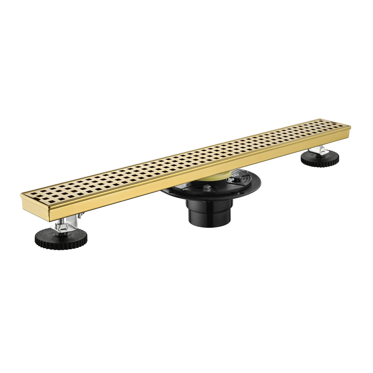 24 Inch Linear Shower Drain in 304 Stainless Steel with Removable Patterned Grate Hair Strainer and Leveling Feet