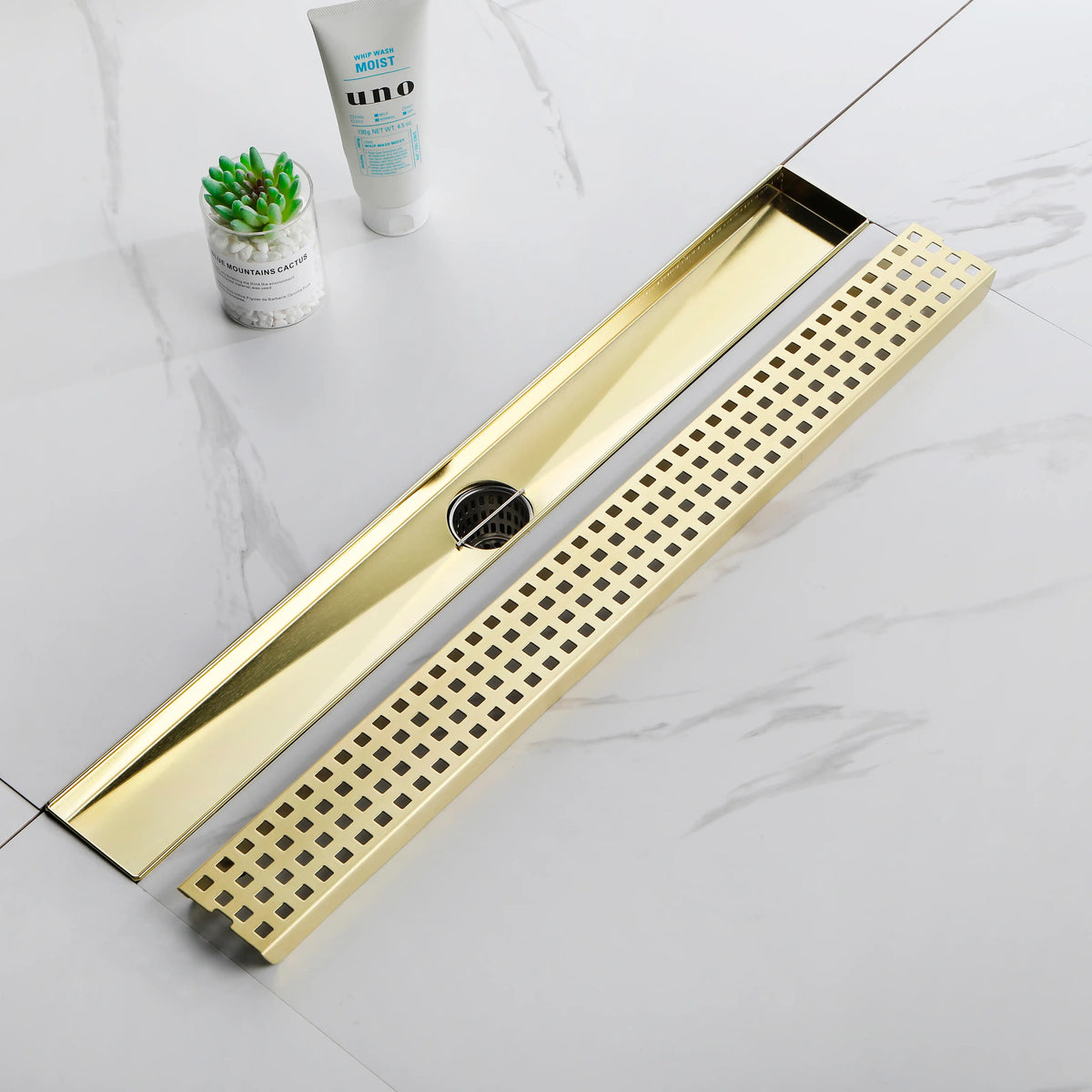 24 Inch Linear Shower Drain in 304 Stainless Steel with Removable Patterned Grate Hair Strainer and Leveling Feet