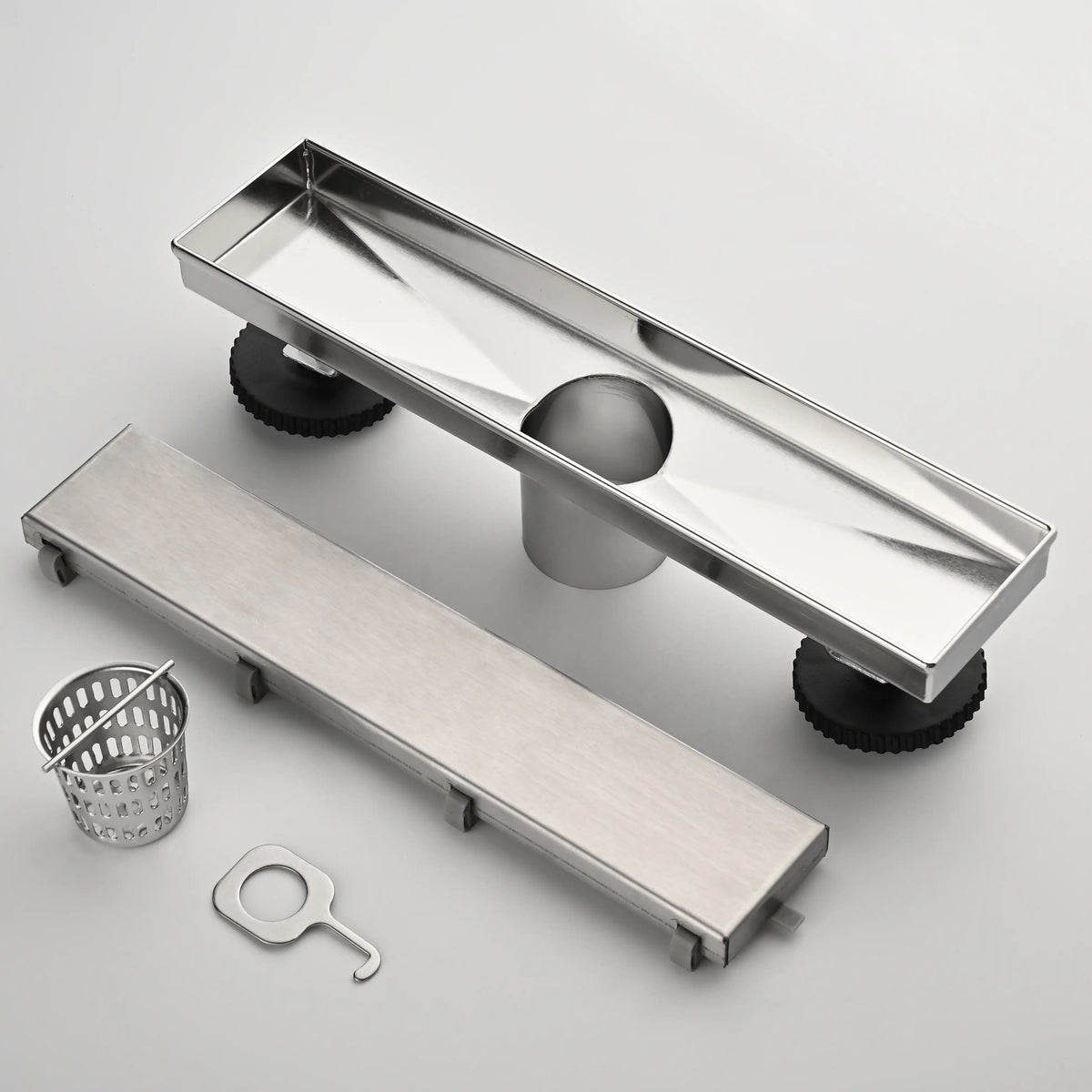 12 Inch Linear Shower Drain with Hair Strainer Leveling Feet and Flange