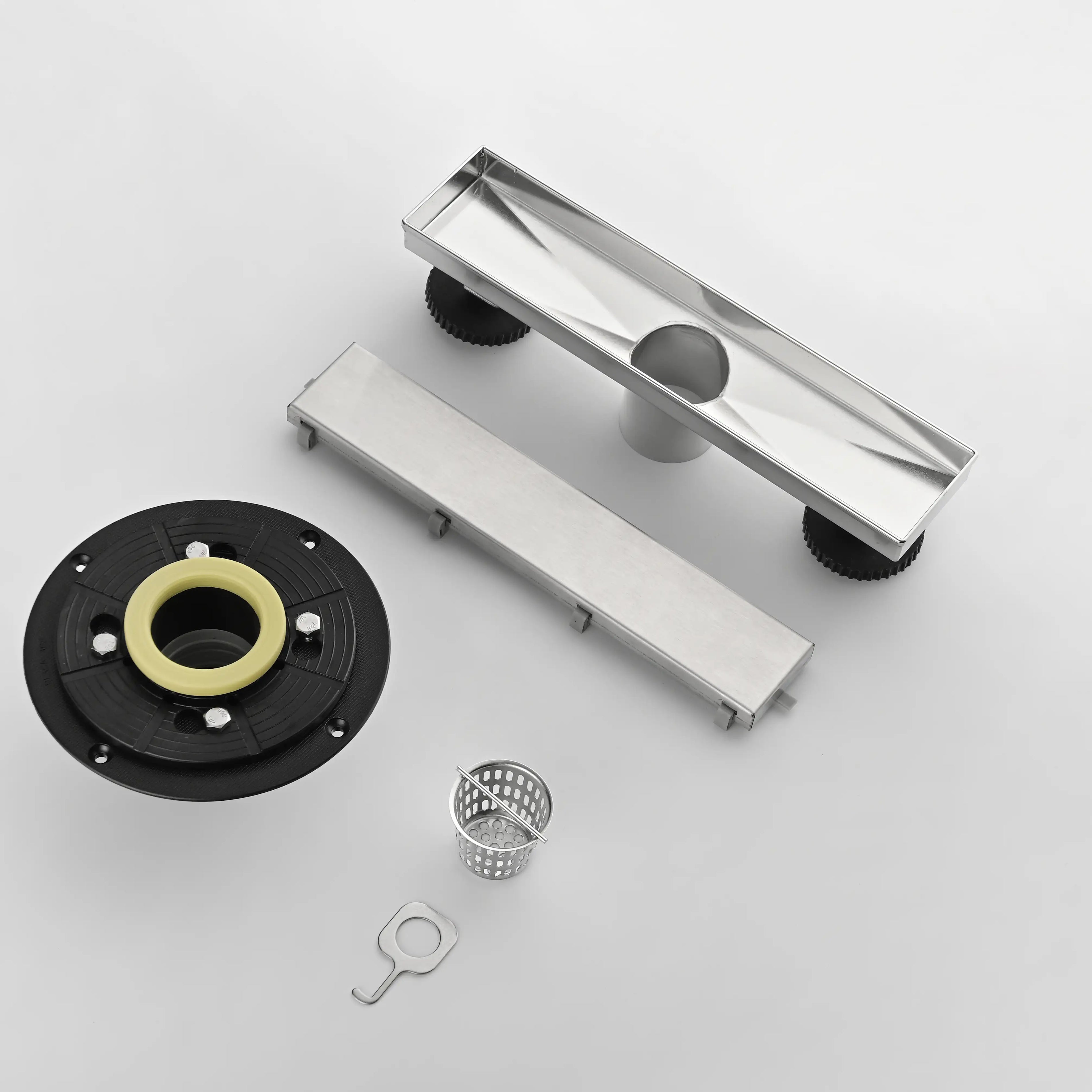 12 Inch Linear Shower Drain with Hair Strainer Leveling Feet and Flange