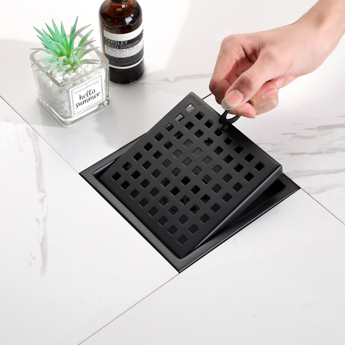 6-Inch Square Shower Drain with Flange and Removable Pattern Grate in SUS 304 Stainless Steel