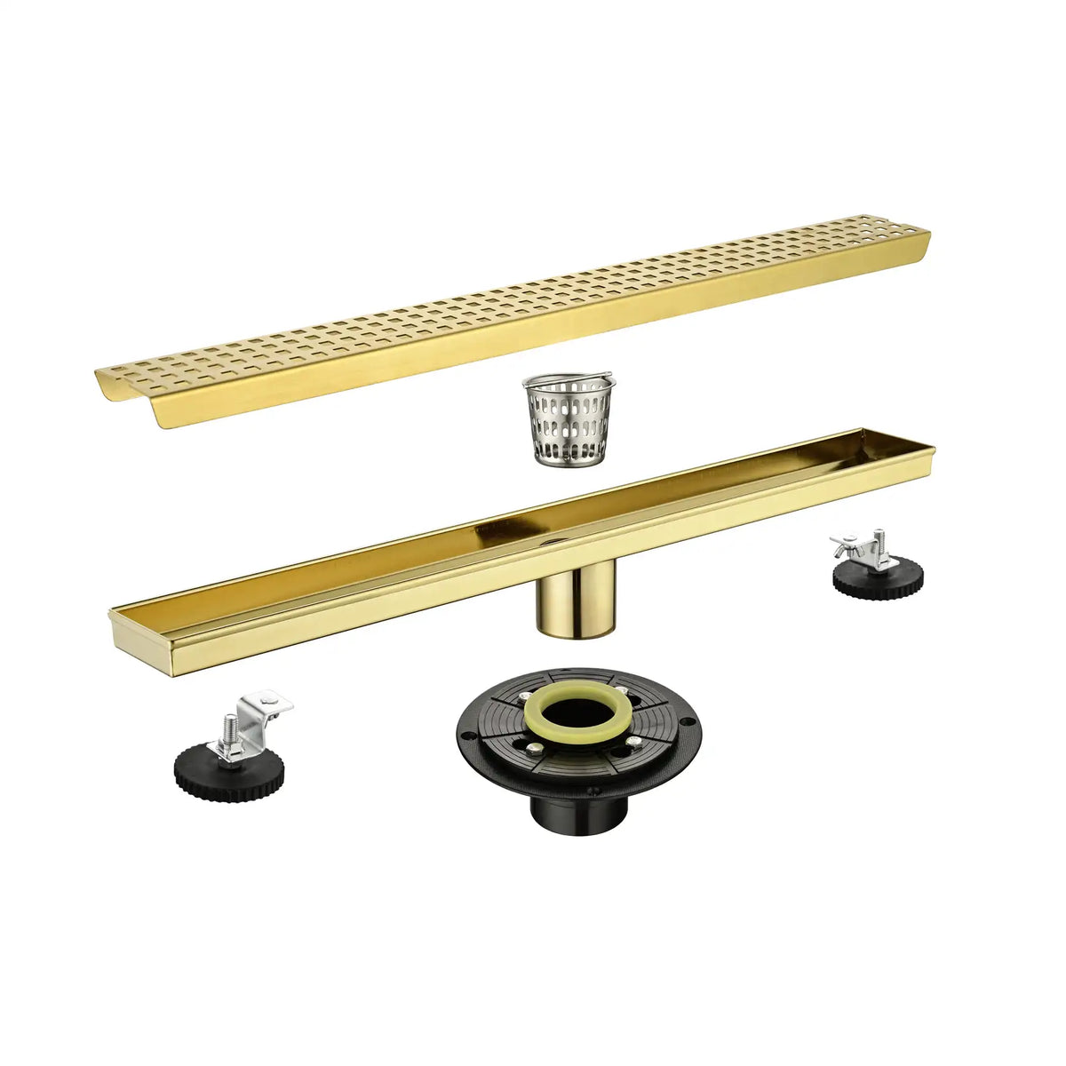 24 Inch Linear Shower Drain in 304 Stainless Steel with Removable Patterned Grate Hair Strainer and Leveling Feet