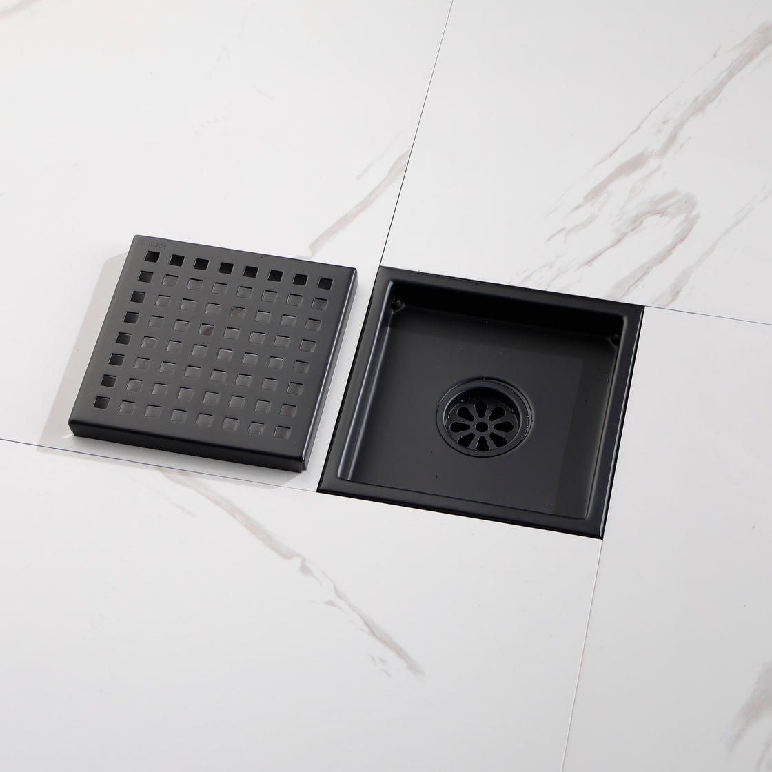 6-Inch Square Shower Drain with Flange and Removable Pattern Grate in SUS 304 Stainless Steel