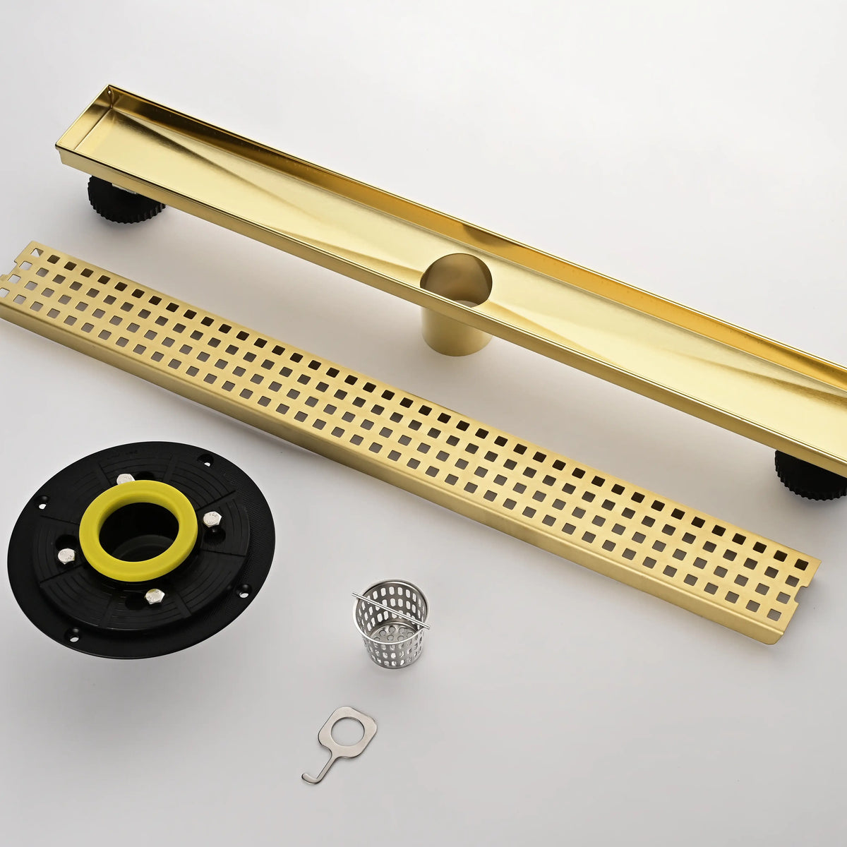 24 Inch Linear Shower Drain in 304 Stainless Steel with Removable Patterned Grate Hair Strainer and Leveling Feet
