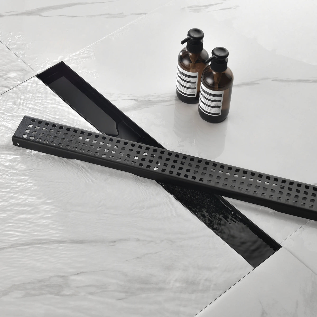 28-Inch Linear Shower Drain in 304 Stainless Steel with Removable Patterned Grate Hair Strainer and Leveling Feet