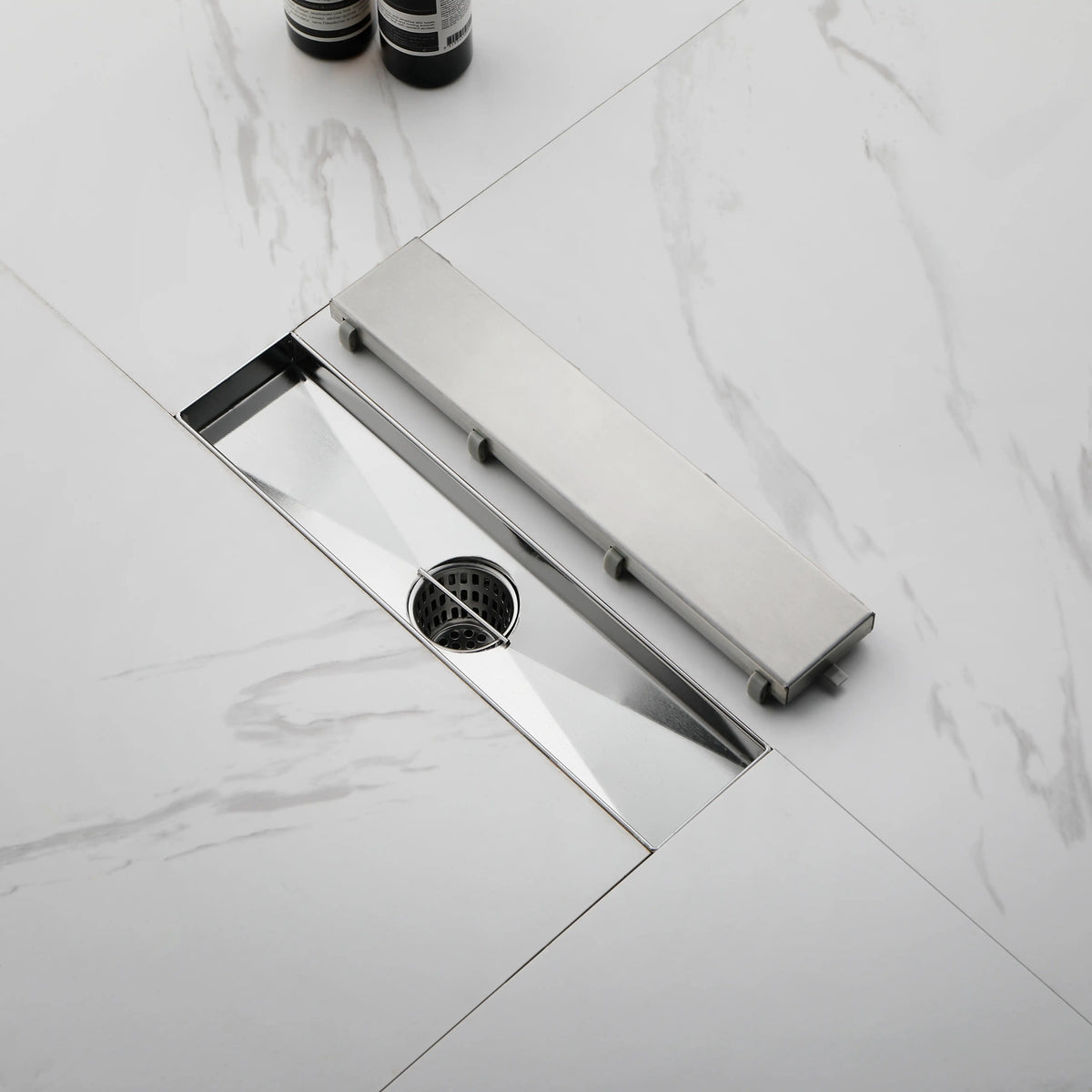 12 Inch Linear Shower Drain with Hair Strainer Leveling Feet and Flange