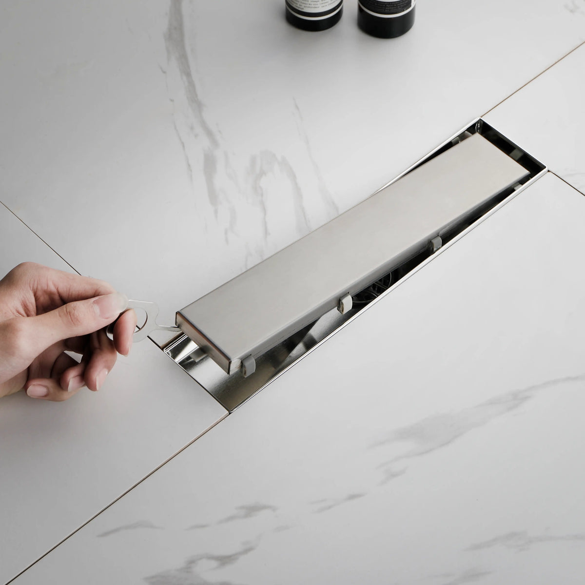 12 Inch Linear Shower Drain with Hair Strainer Leveling Feet and Flange