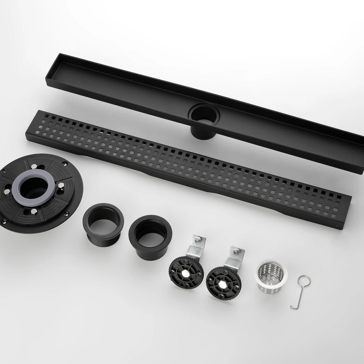 28-Inch Linear Shower Drain in 304 Stainless Steel with Removable Patterned Grate Hair Strainer and Leveling Feet