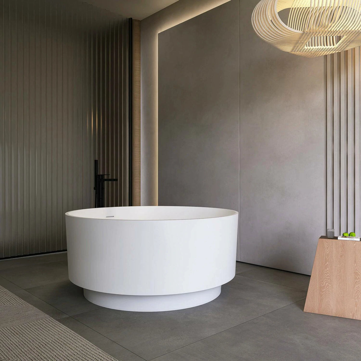49 Inch Matte White Round Solid Surface Freestanding Soaking Bathtub