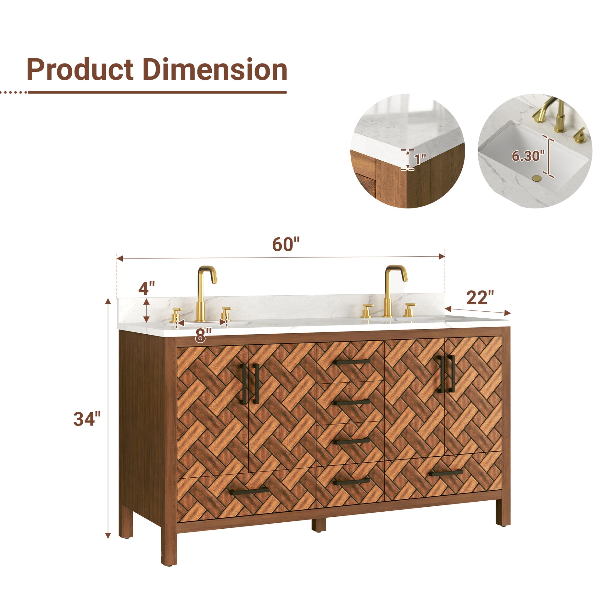 60" Double Sink Bathroom Vanity with Engineering Stone Top & 2 Basins