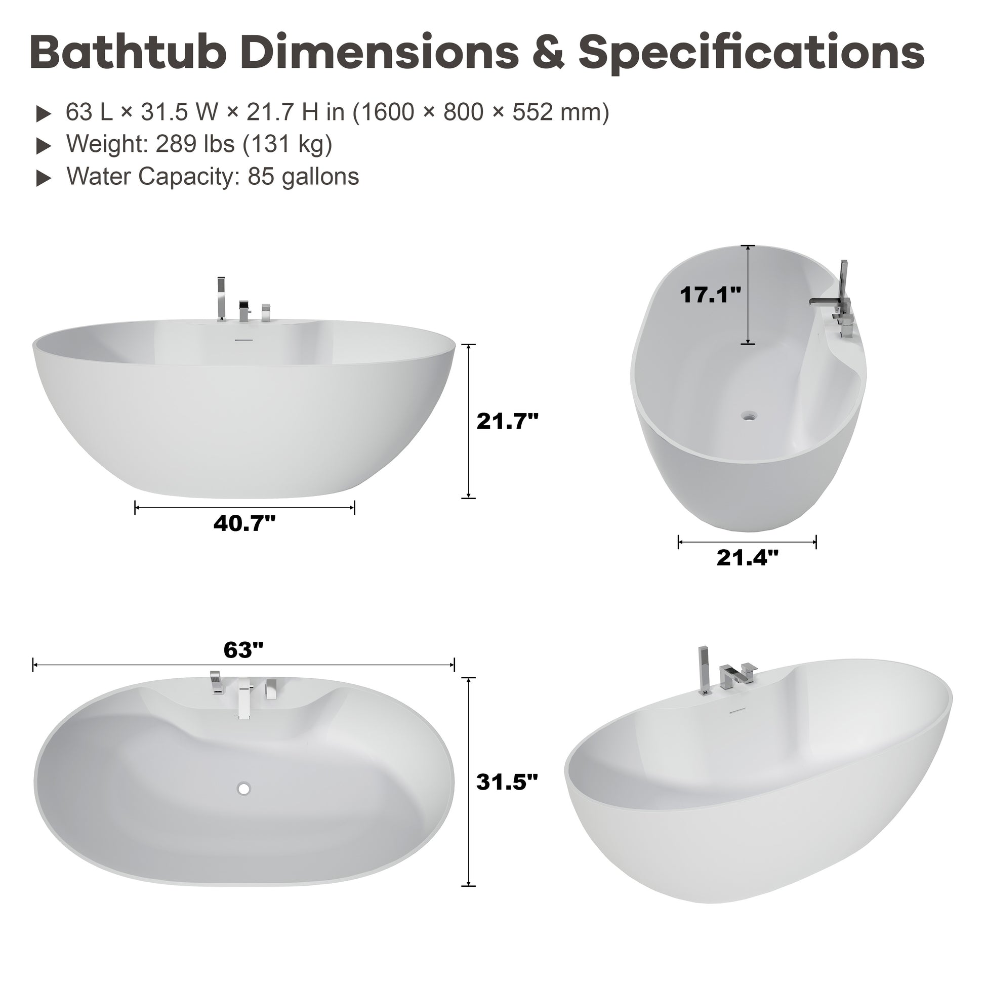 63" Matte White Solid Surface Freestanding Soaking Bathtub with Deck-Mount Faucet Set