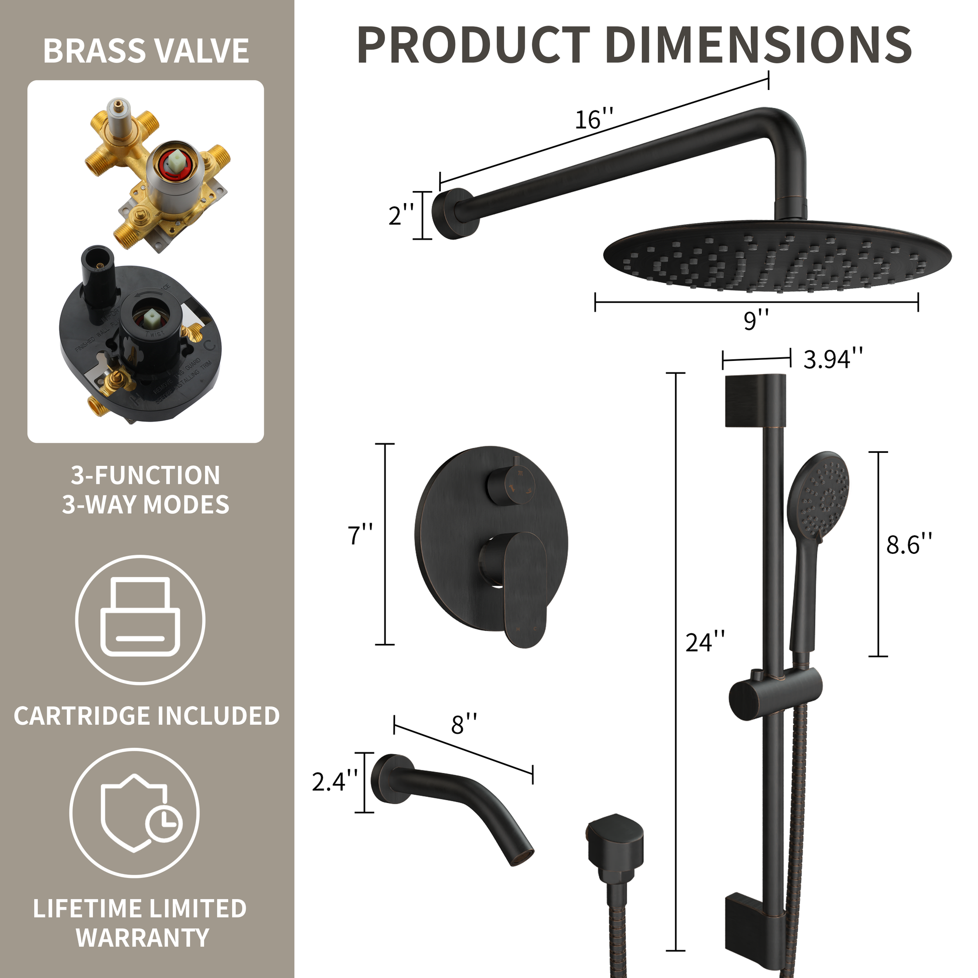 9" 3-Function Shower Faucet Set with Tub Spout & Slide Bar