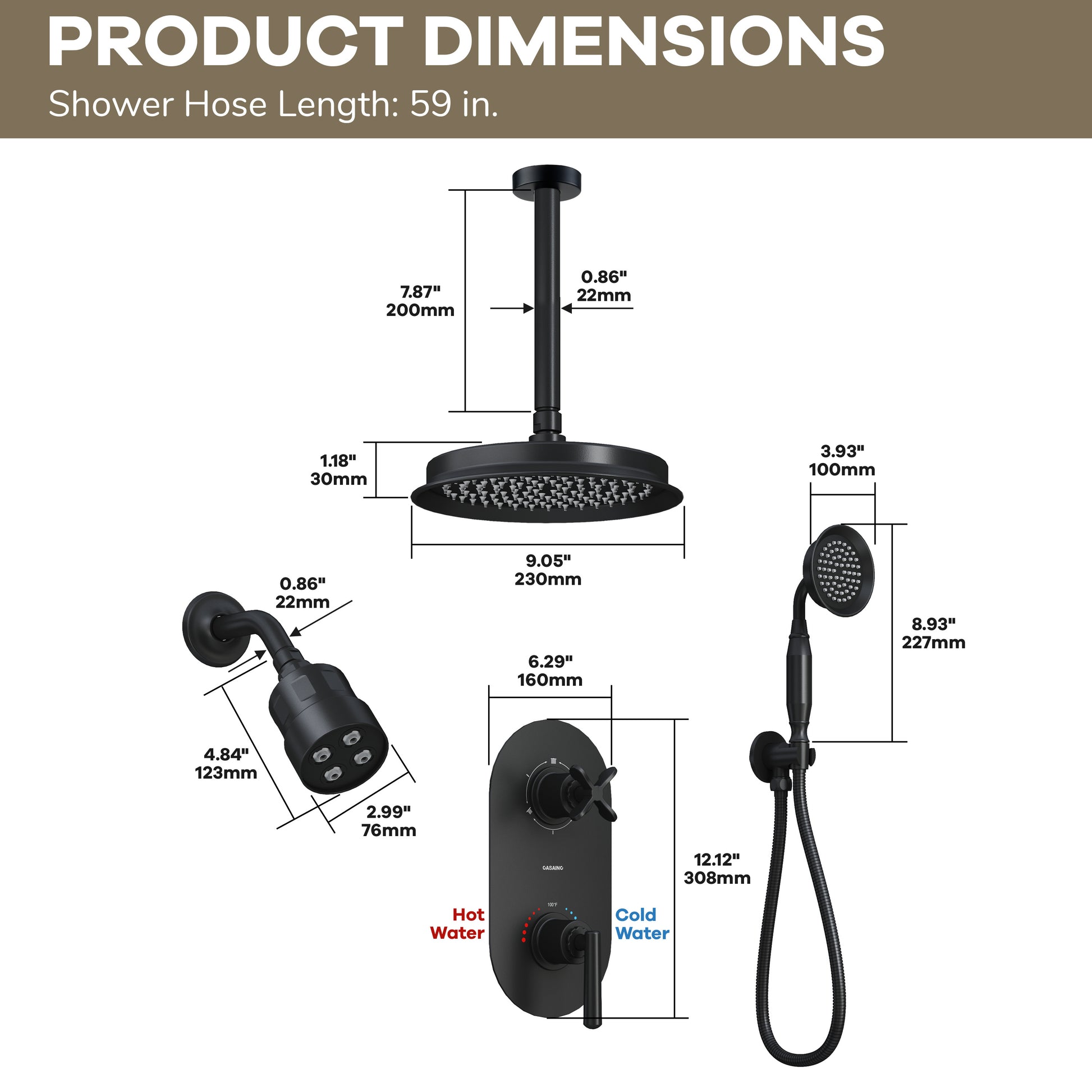 9"+4" Rainfall Thermostatic Concealed 3-Function Shower System with Handheld