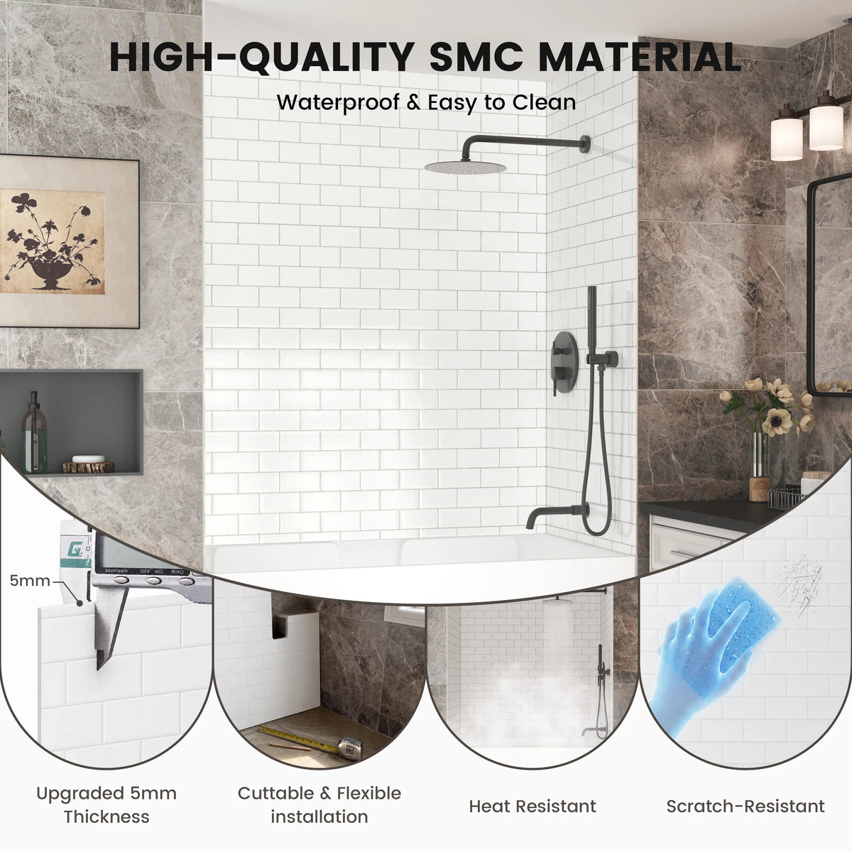 60"x32"x96" Matte/Glossy Surface SMC Shower Wall Panel Kit with Small Subway Tile Pattern