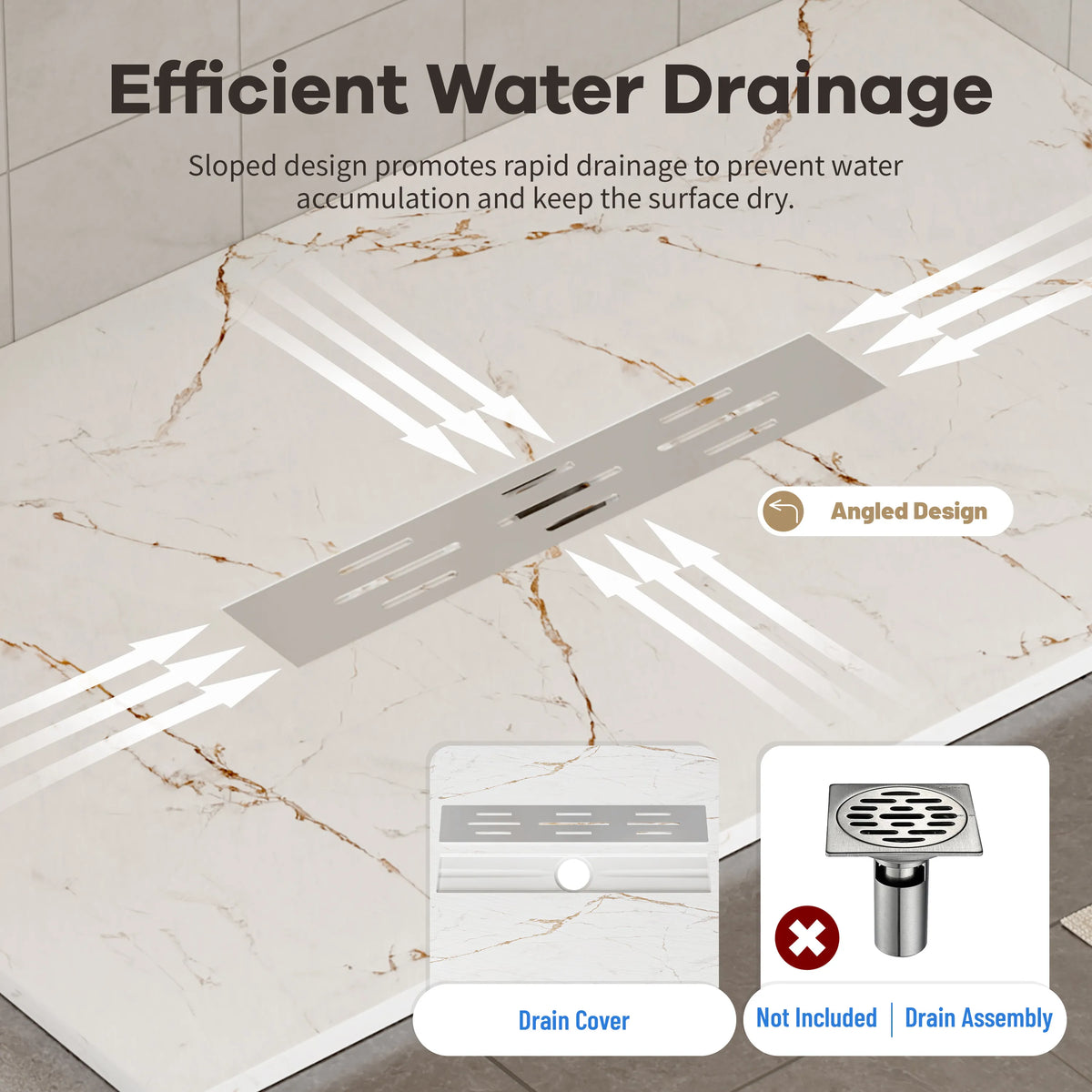 60"x36" White/Calacatta Curbless SMC Shower Base with Flamed Rock Slip-Resistant Surface, Center Drain