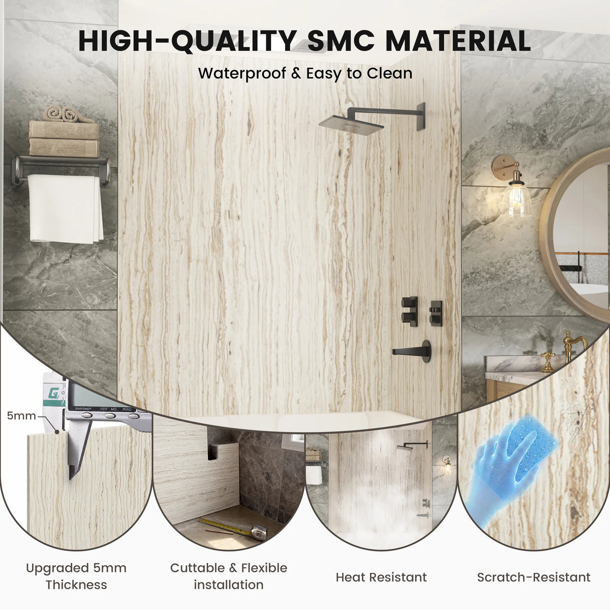 60"x36"x96" SMC Shower Wall Panels, Waterproof Grout-Free Shower Surround in 4 Finishes