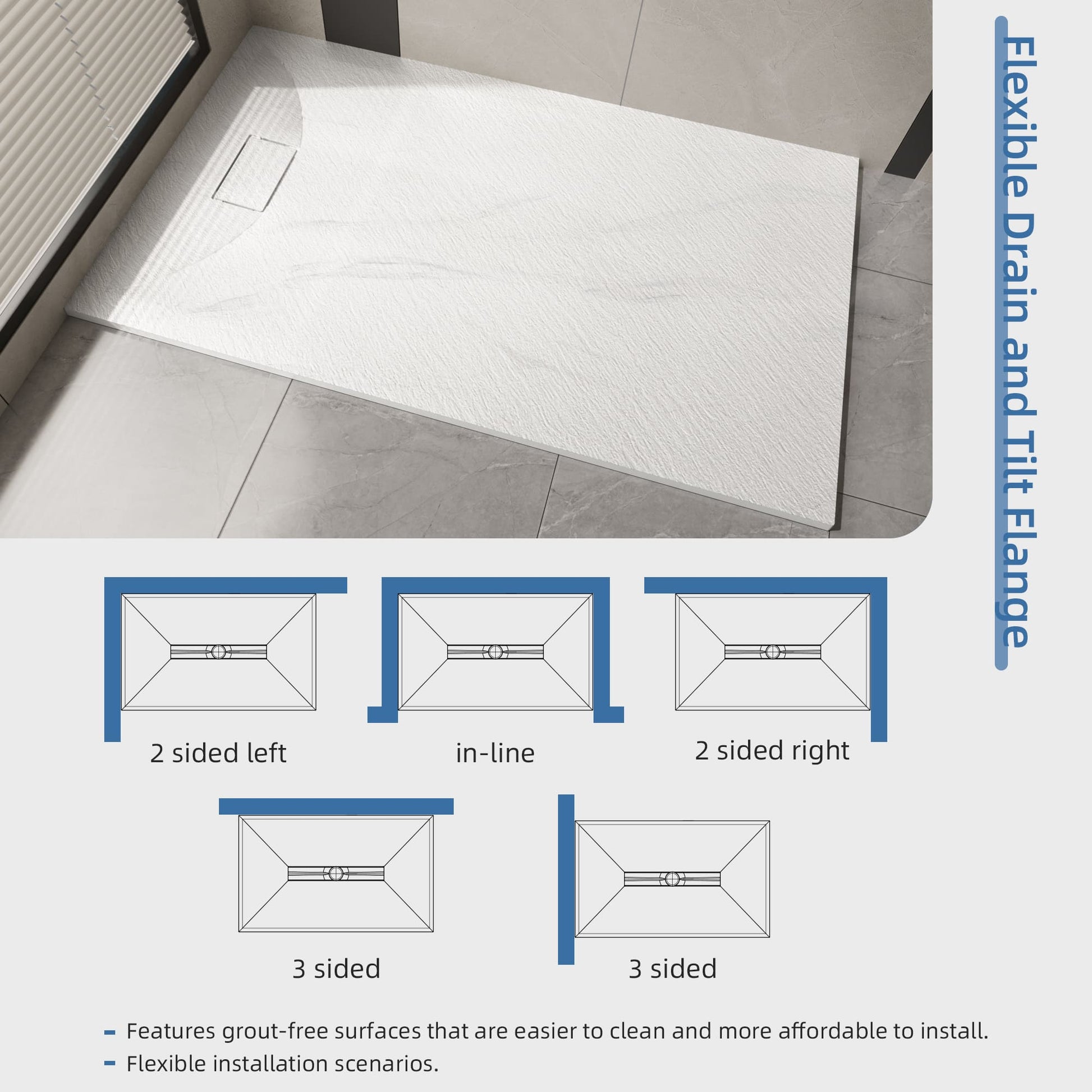 Curbless SMC Shower Base with Flamed Rock Slip-Resistant Surface, Reversible Drain