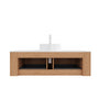 Floating Bathroom Vanity with Curved Edges, Fluted Drawer Fronts, Carrara Sintered Stone Top and Round Ceramic Vessel Sink, Natural Woodgrain / Dark Walnut