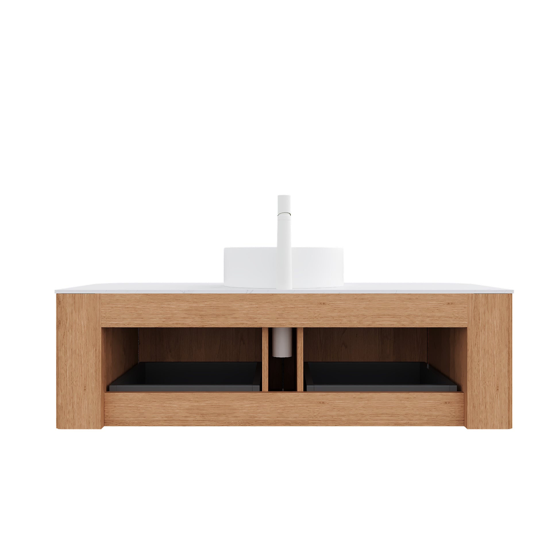 Floating Bathroom Vanity with Curved Edges, Fluted Drawer Fronts, Carrara Sintered Stone Top and Round Ceramic Vessel Sink, Natural Woodgrain / Dark Walnut