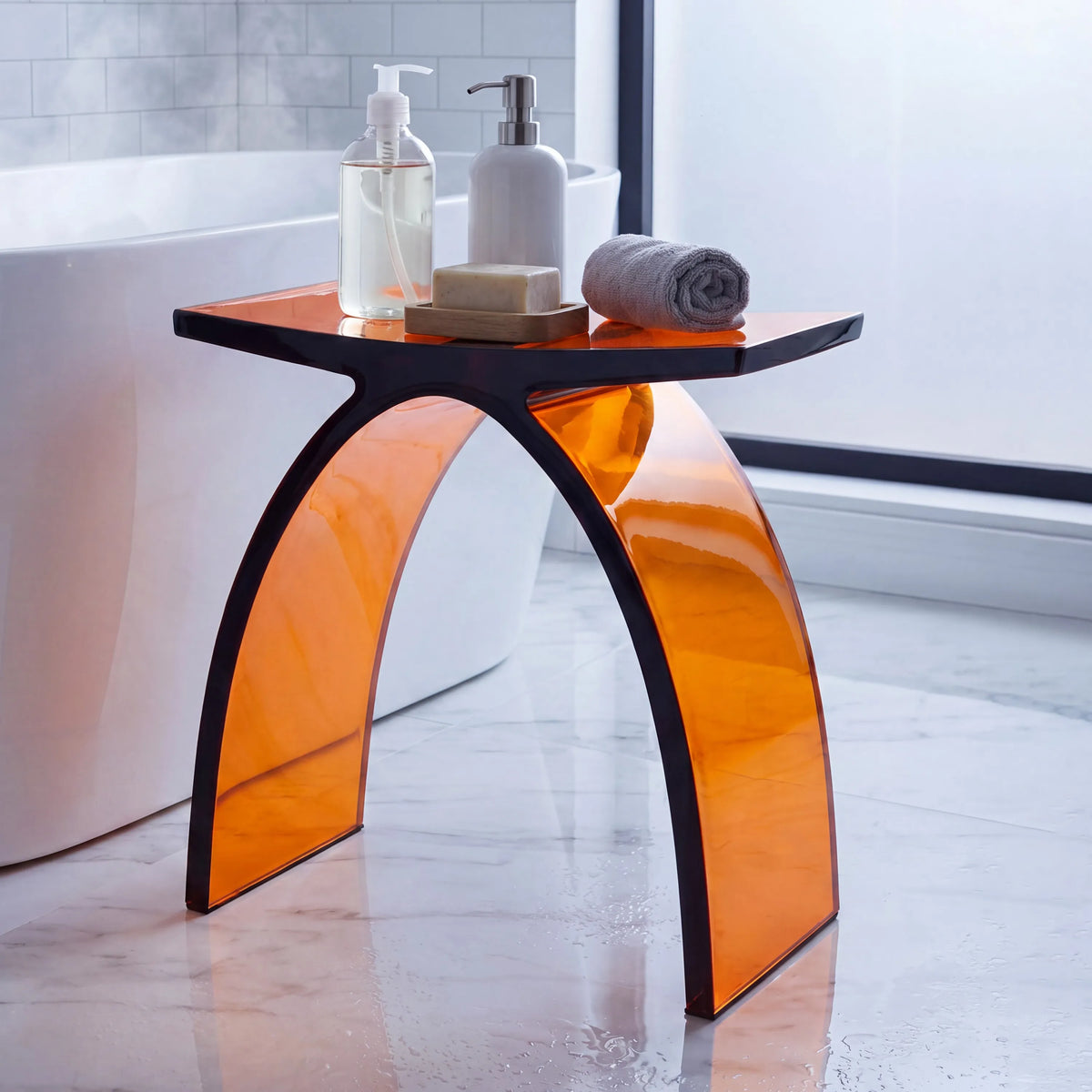 Translucent Resin Arched Solid Surface Bathroom Shower Bench in Glossy Smoke Black/Amber