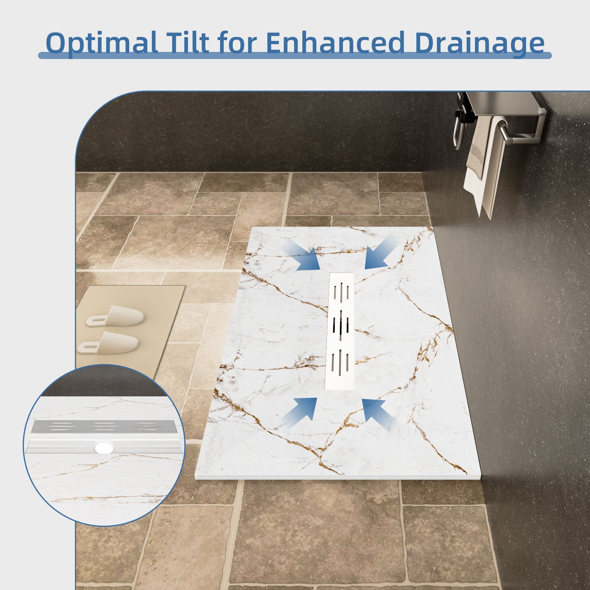 White/Calacatta Curbless SMC Shower Base with Flamed Rock Slip-Resistant Surface, Center Drain