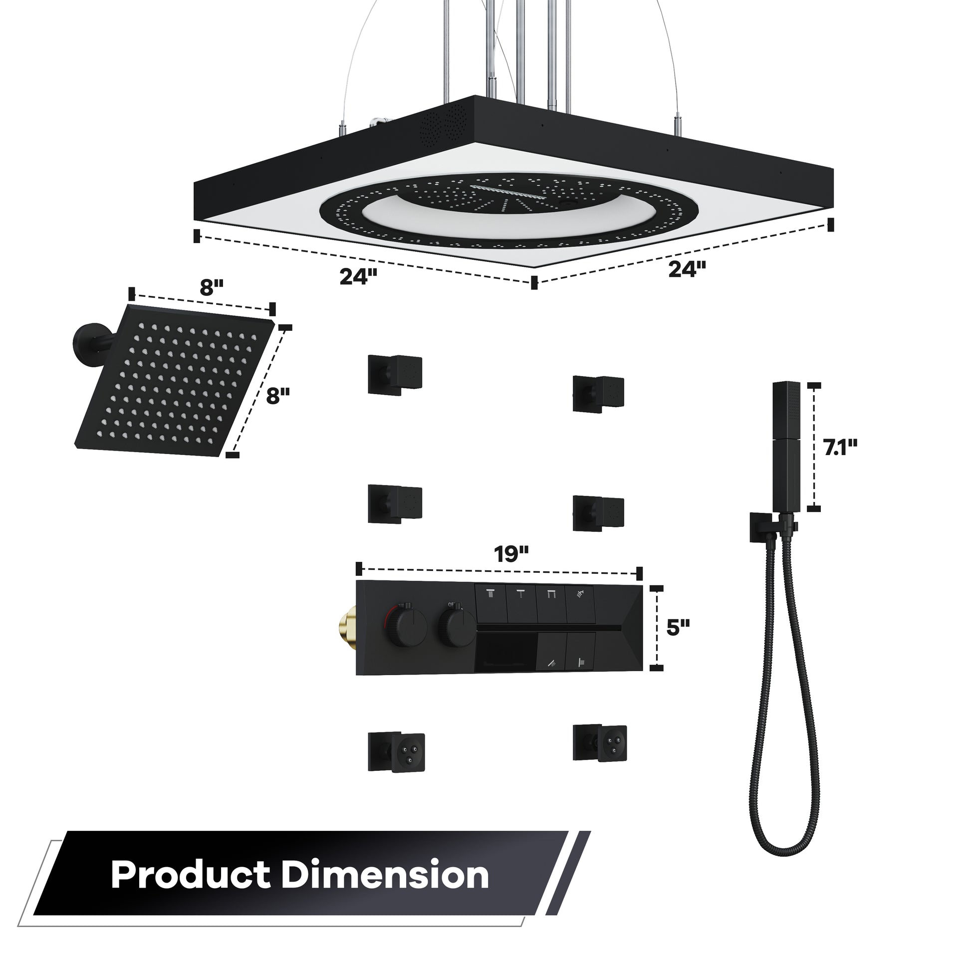 24-inch 6-Function Thermostatic Shower System with LED Light & Body Jet & Slide Bar