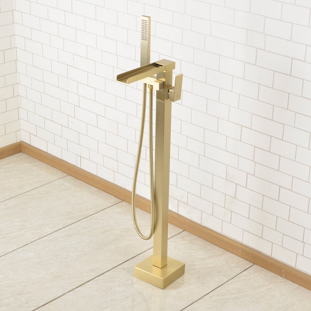 Casainc Freestanding 1-Handle Waterfall Bathtub Faucet with Handheld Shower (Brushed Gold)-CASAINC