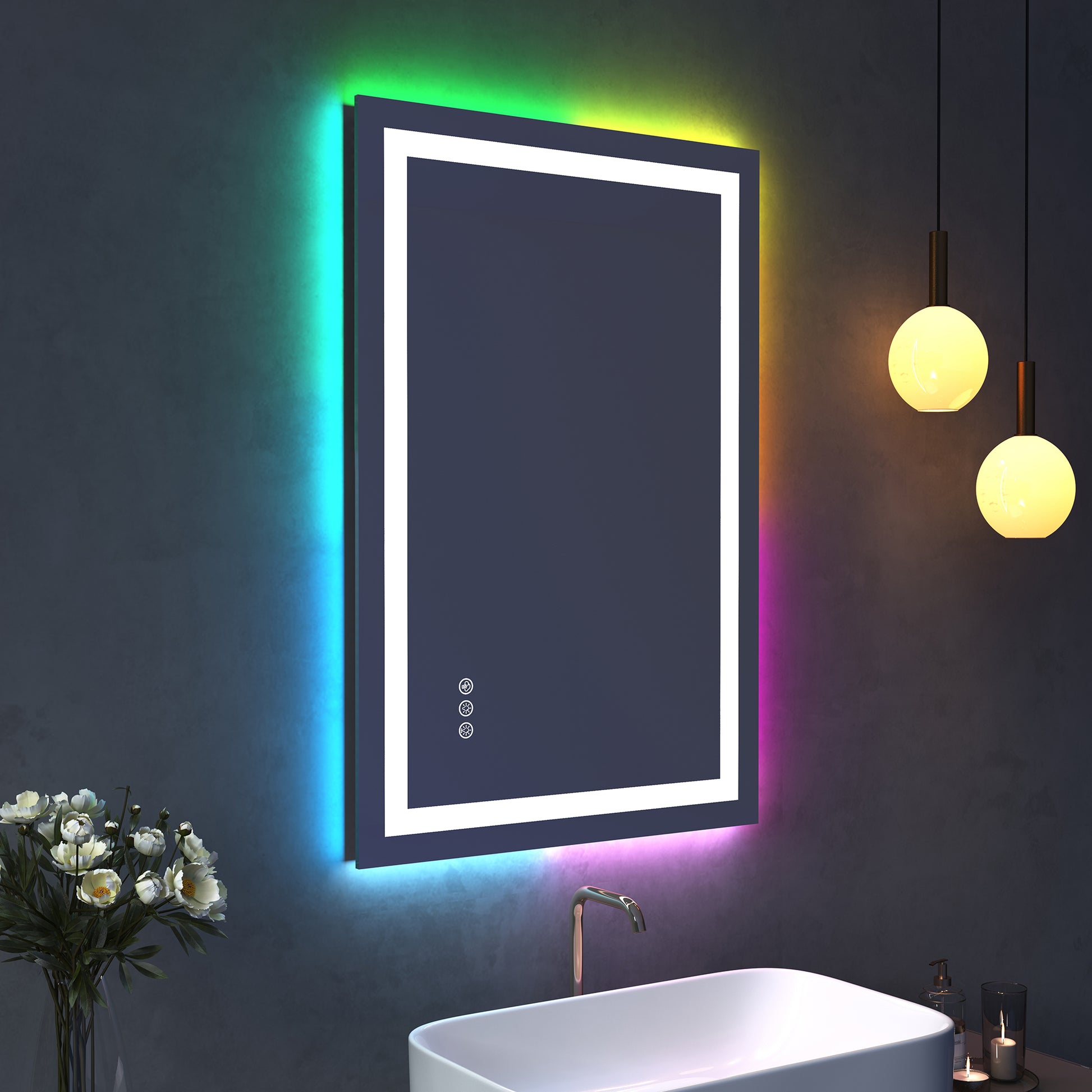 Tempered RGB LED Bathroom Mirror with Smart Controls & Anti-Fog