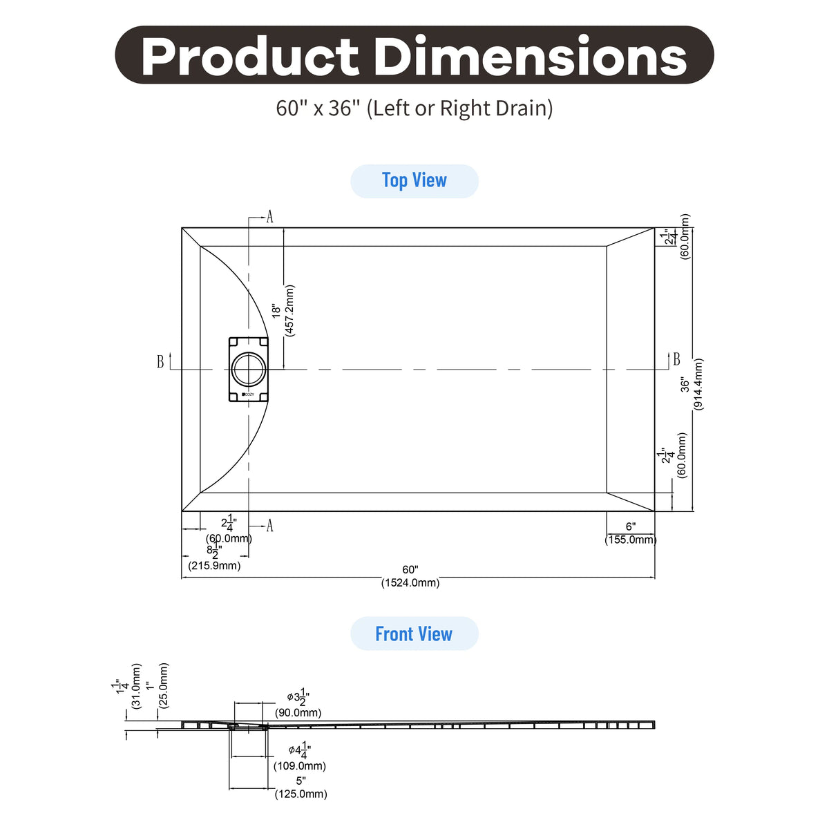 60"x32"/36" Curbless SMC Shower Base with Flamed Rock Slip-Resistant Surface, Reversible Drain