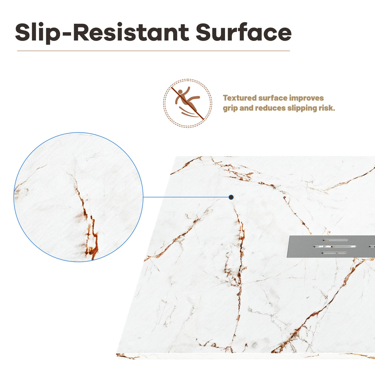 60"x36" White/Calacatta Curbless SMC Shower Base with Flamed Rock Slip-Resistant Surface, Center Drain