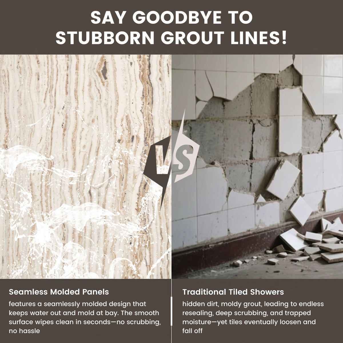 60"x36"x96" SMC Shower Wall Panels, Waterproof Grout-Free Shower Surround in 4 Finishes