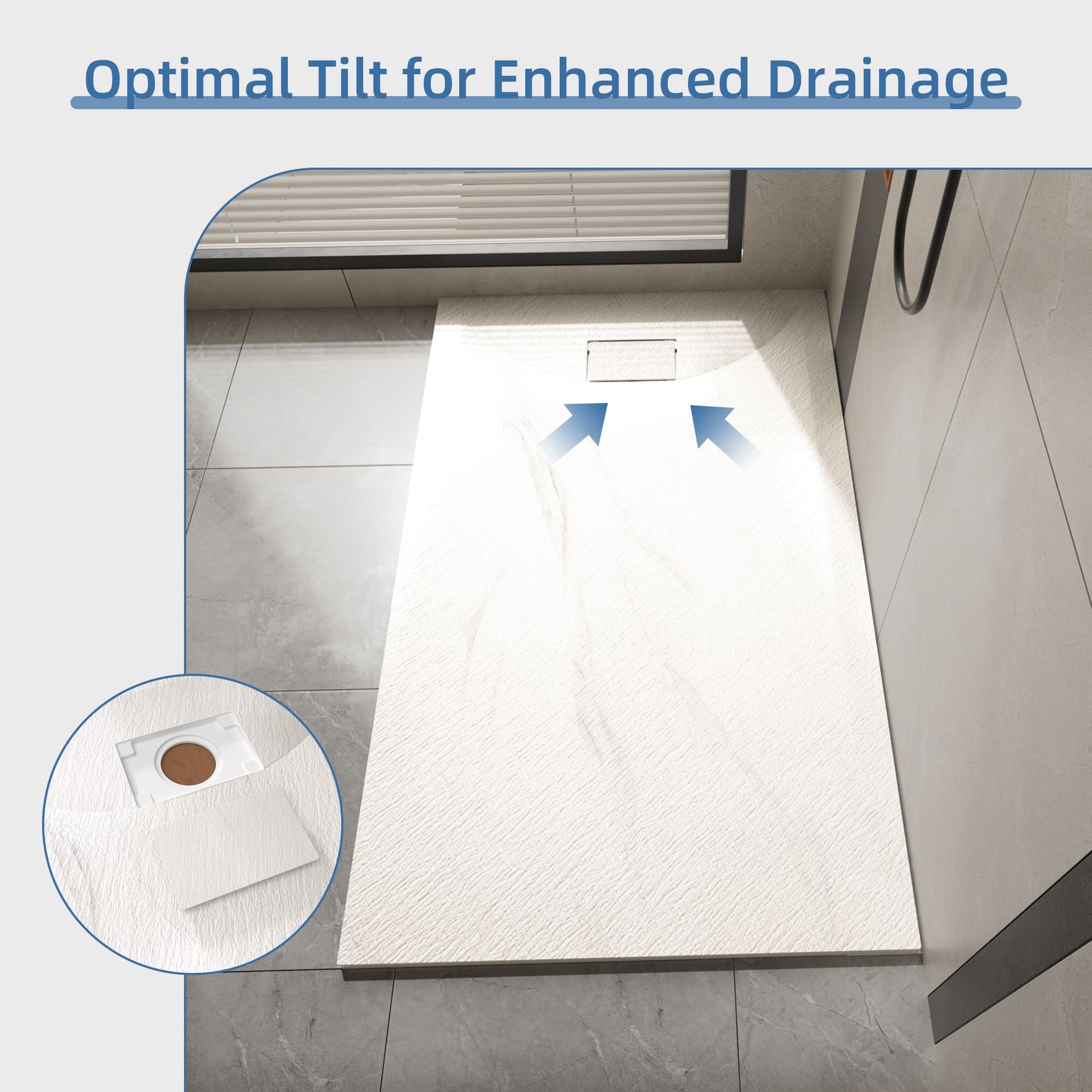 Curbless SMC Shower Base with Flamed Rock Slip-Resistant Surface, Reversible Drain