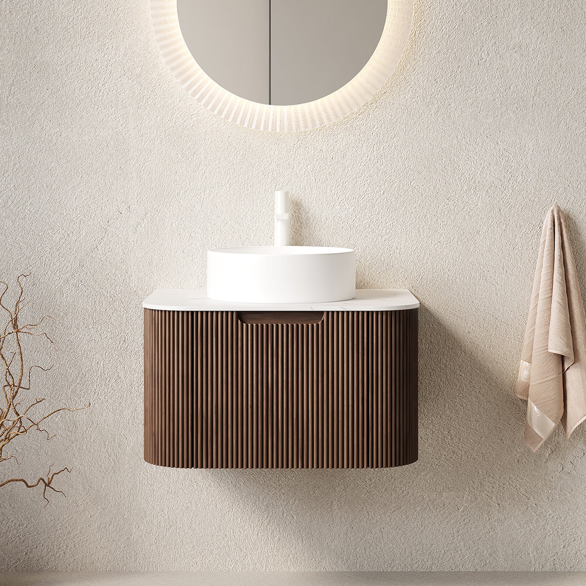 Floating Bathroom Vanity with Curved Edges, Fluted Drawer Fronts, Carrara Sintered Stone Top and Round Ceramic Vessel Sink, Natural Woodgrain / Dark Walnut