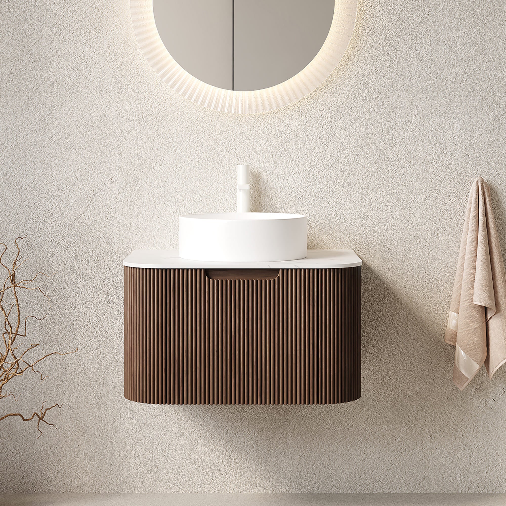 Floating Bathroom Vanity with Curved Edges, Fluted Drawer Fronts, Carrara Sintered Stone Top and Round Ceramic Vessel Sink, Natural Woodgrain / Dark Walnut
