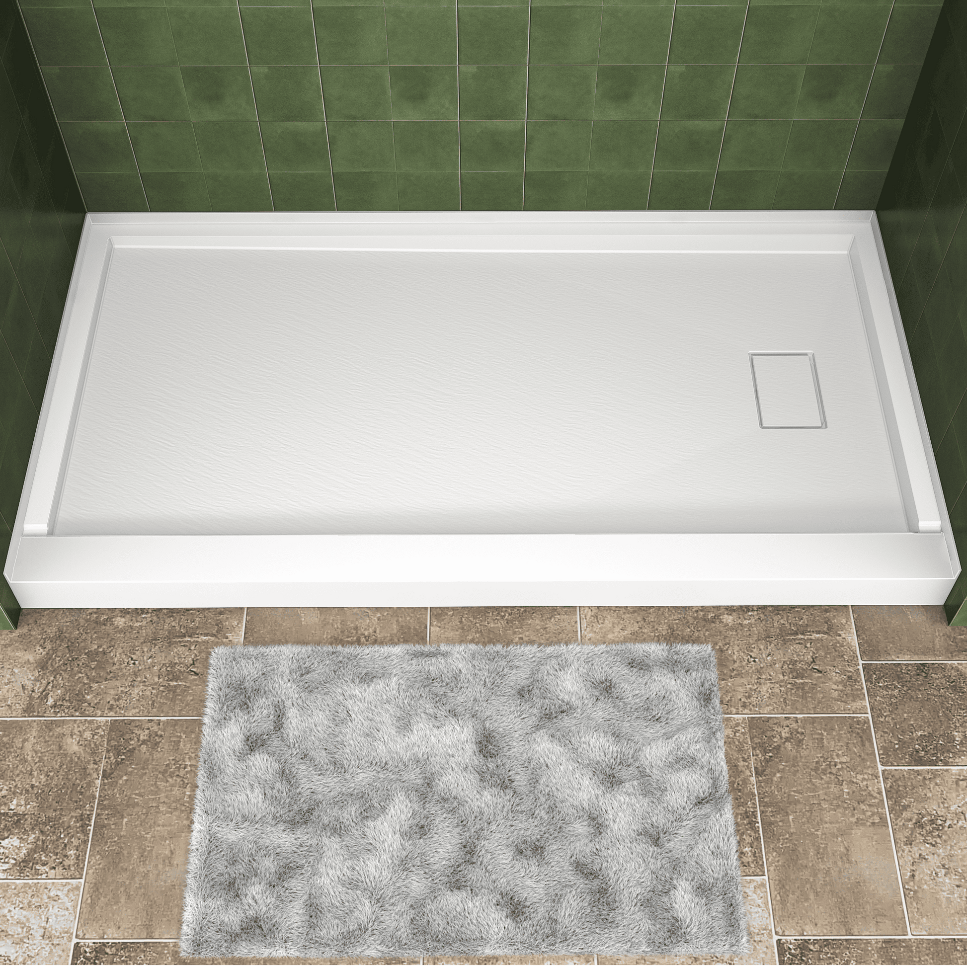 One-piece White Shower Base with Flamed Rock Slip-Resistant Surface, Left/Right Drain