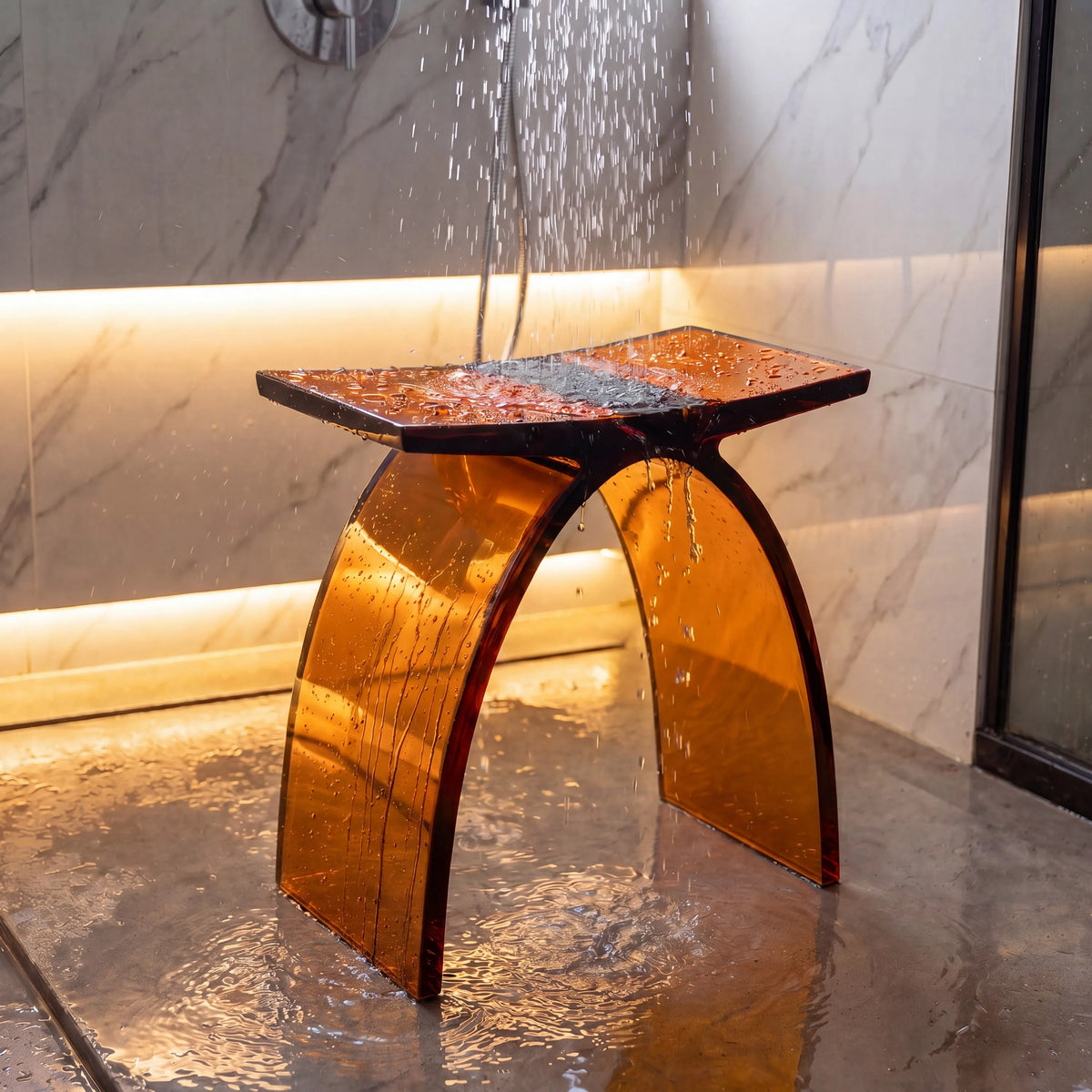 Translucent Resin Arched Solid Surface Bathroom Shower Bench in Glossy Smoke Black/Amber