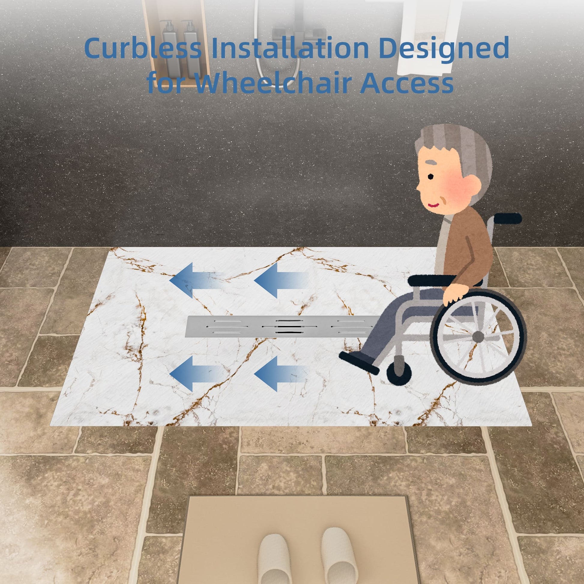 White/Calacatta Curbless SMC Shower Base with Flamed Rock Slip-Resistant Surface, Center Drain