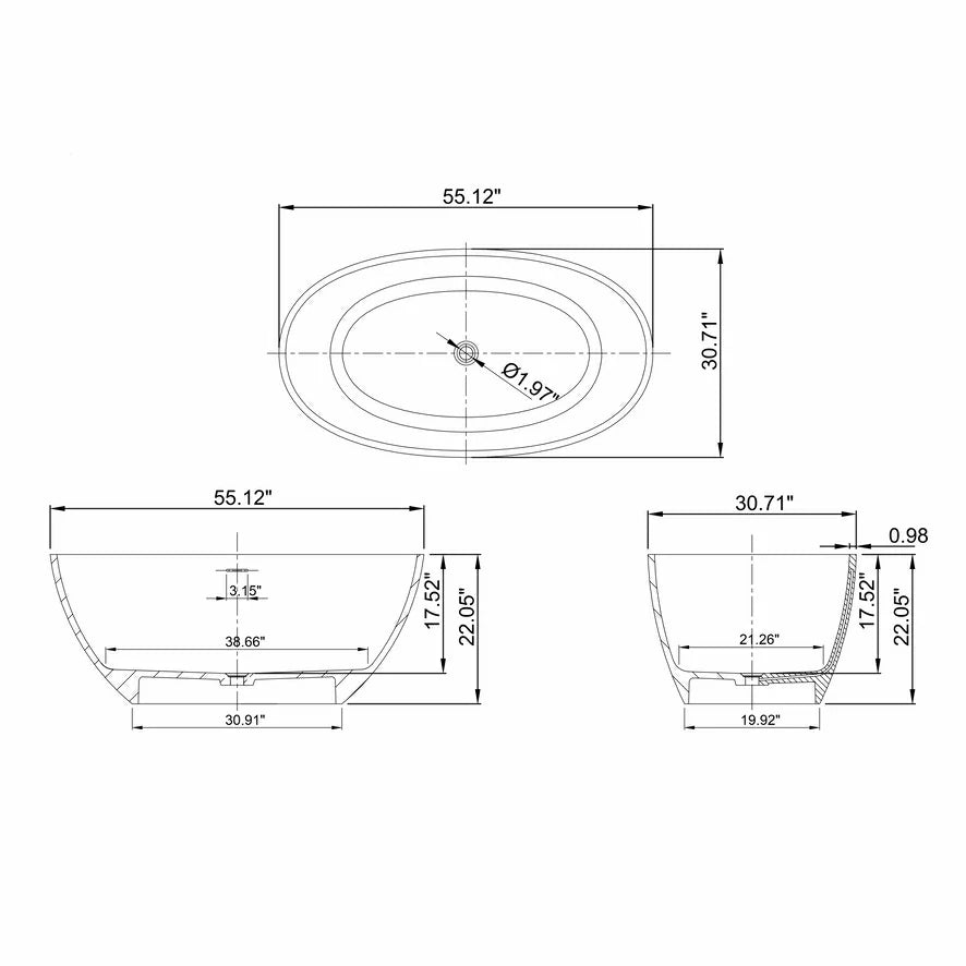 55" Light Beige Solid Surface Freestanding Soaking Bathtub