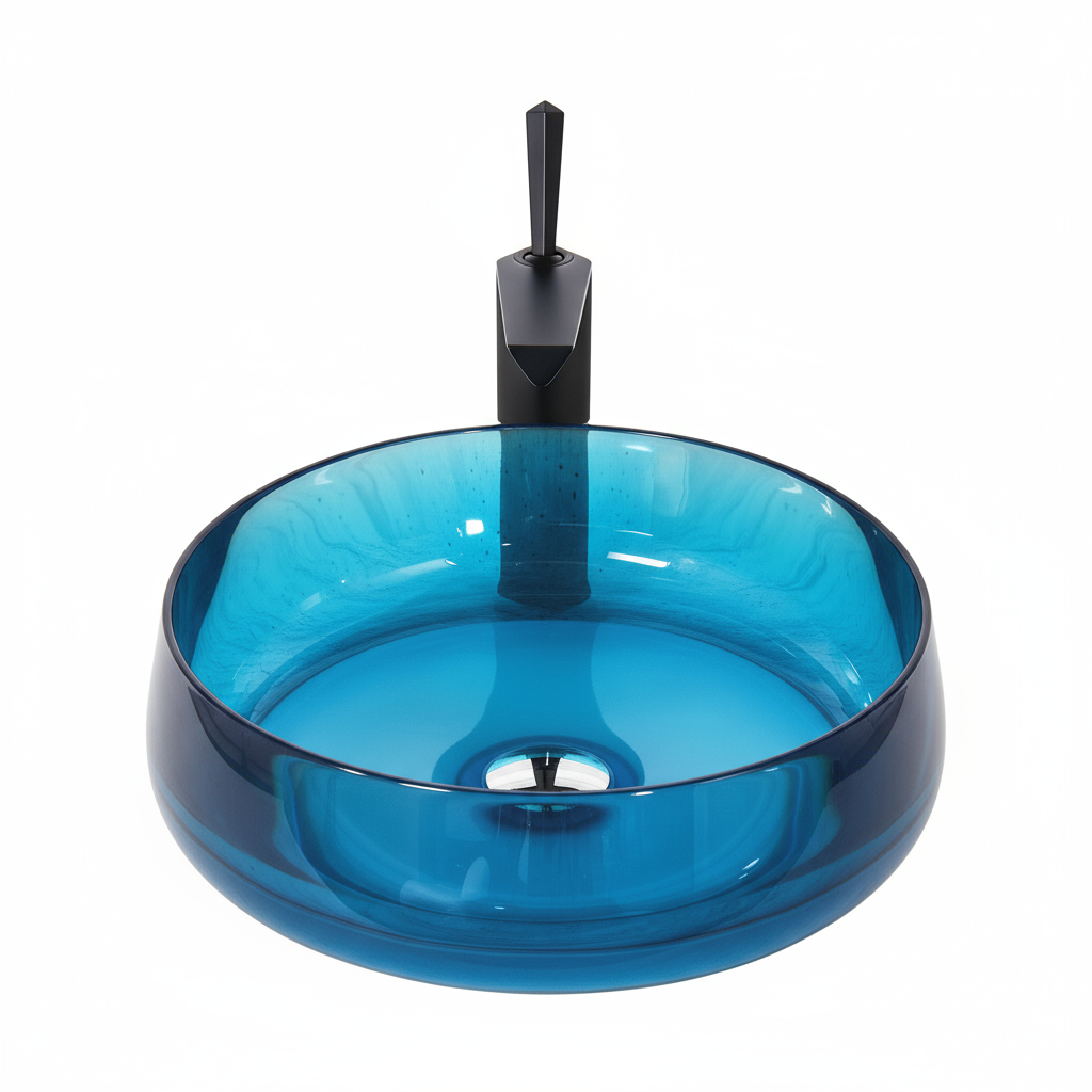17.7-inch Round Transparent Resin Bathroom Vessel Sink with Drainer
