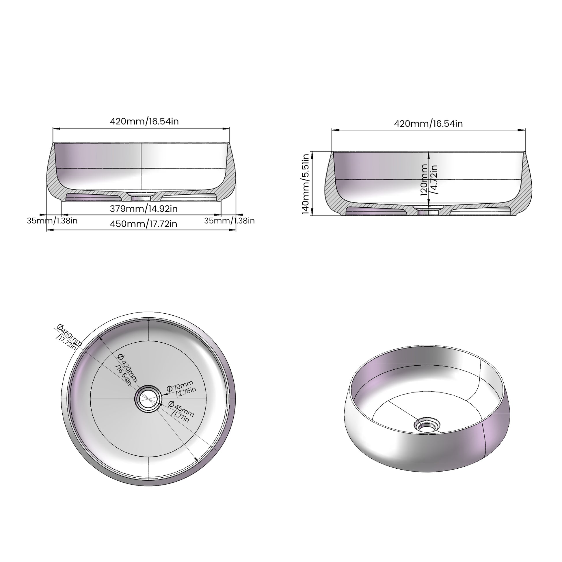 17.7-inch Round Transparent Resin Bathroom Vessel Sink with Drainer