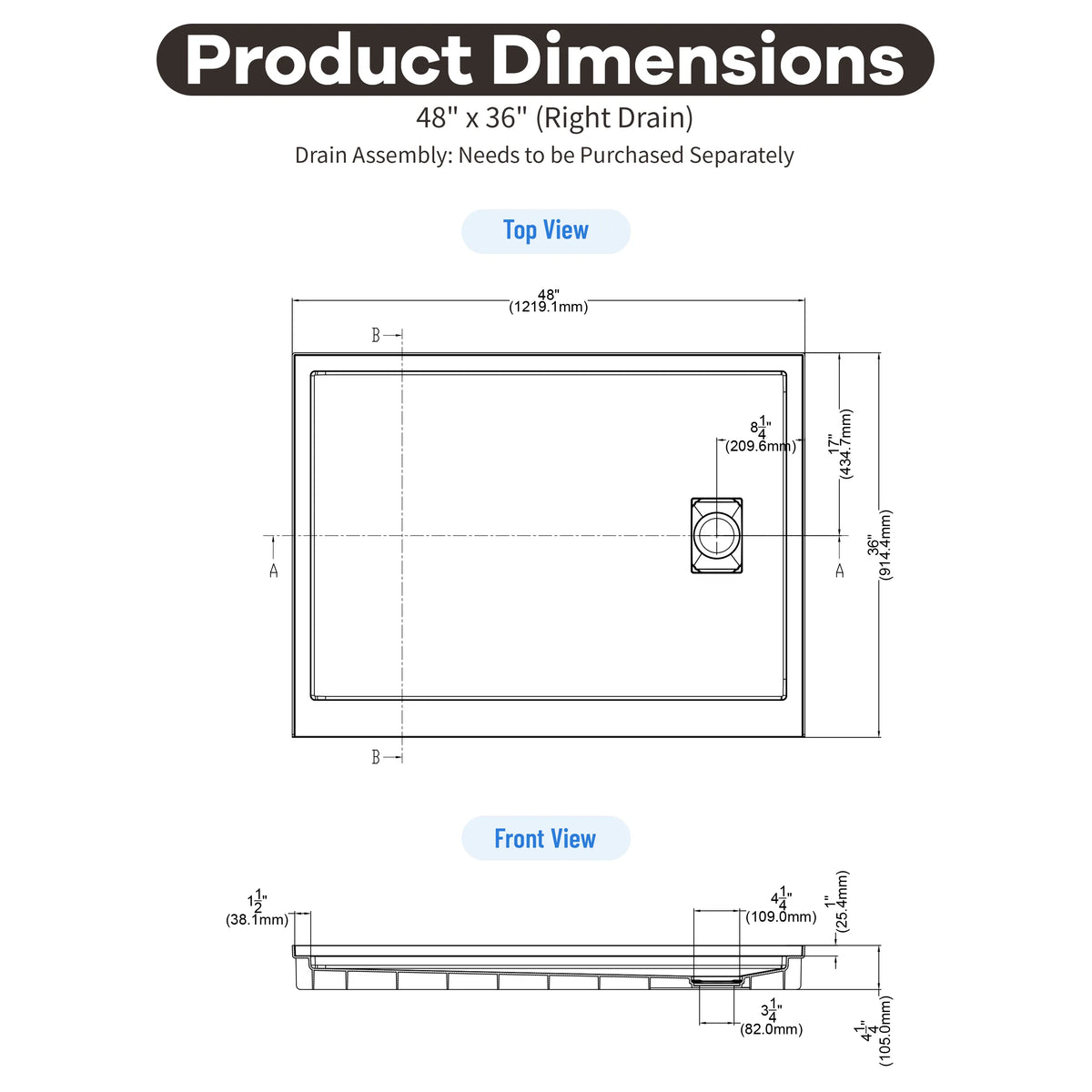 48"/60"x30"-36" White SMC Shower Base with Flamed Rock Slip-Resistant Surface, Left/Right Drain