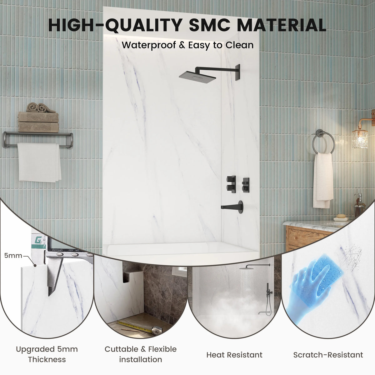 48"x36"x96" Calacatta/Cararra White SMC Shower Wall Panel System, Waterproof Grout-Free Shower Surround