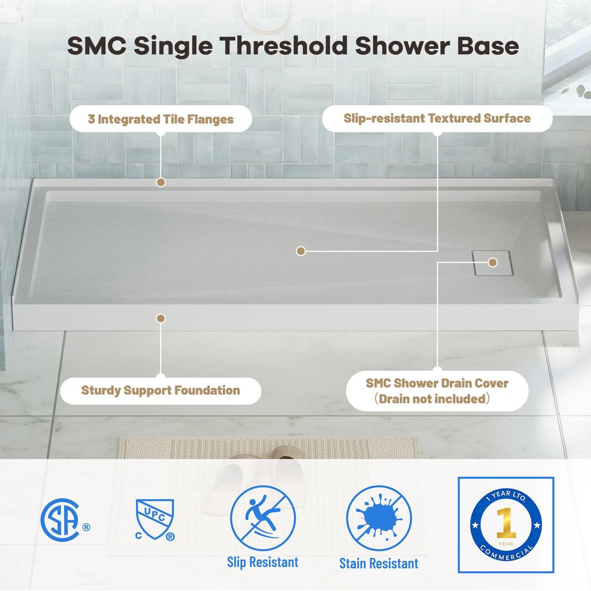 60"x30"/32" Grey One-Piece SMC Shower Pan Base with Anti-Slip Texture