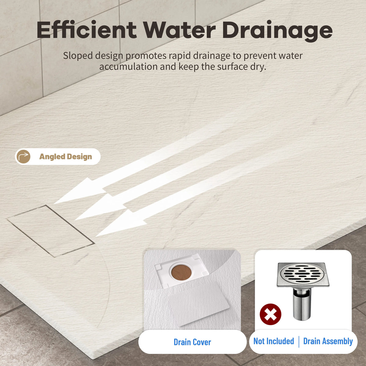 60"x32"/36" Curbless SMC Shower Base with Flamed Rock Slip-Resistant Surface, Reversible Drain